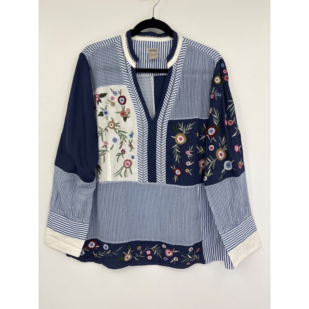 Chico's Patchwork Embroidered Button Blouse Top V… - image 1